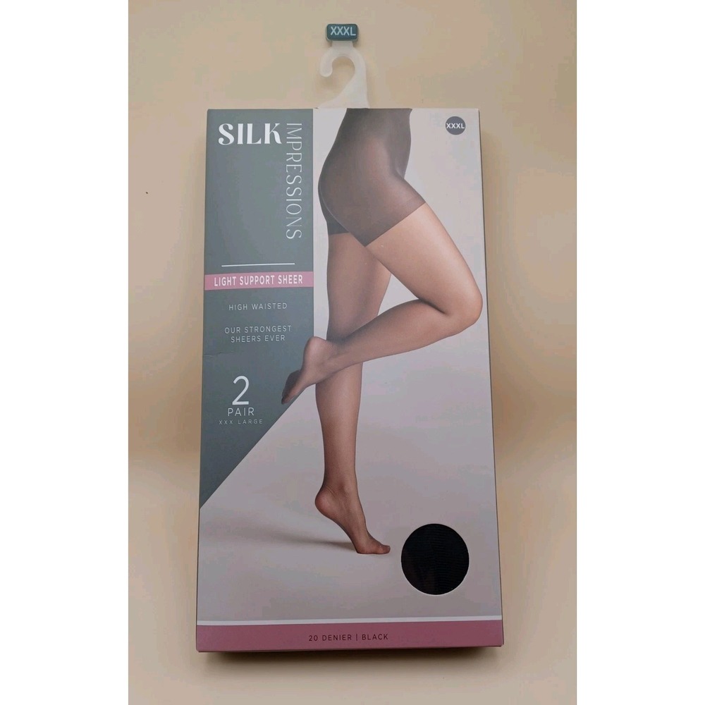 Silk Impressions Sheer Light Support Pantyhose 2 Pack Size 3XL Black 20 Denier